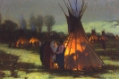 Джозеф Генри Шарп,  Ночной вид лагеря племени кроу (Tepee o Tipis)  Холст, масло, 85,7 х 60 см.,  Музей Джилкрис, Тулса, Оклахома.