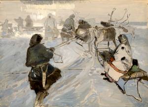 Челинцова В.Н. Сборы в дорогу. Их серии « Из жизни оленеводов Севера». 1961. Бумага, гуашь. Собрание