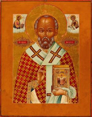 Святитель Николай Мирликийский, Чудотворец с Христом и Богоматерью на облаках.1770-е гг.