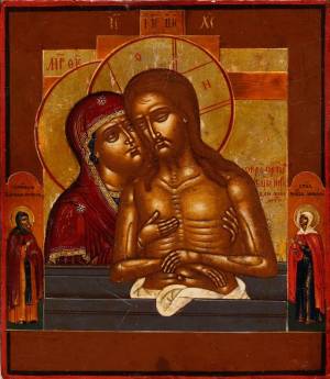 Богородица _Не рыдай Мене Мати_ с предстоящими святыми преподобным Василием Новым и мученицей Марино