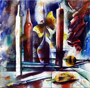 16. Джикаев М.Ф. Натюрморт с бабочкой. 2005. Б., шариковая ручка, акварель. 30х20. Собств. авт.
