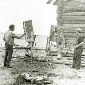 М.Е. Бронников, В.А. Игошев во время пленэра на берегу реки Обь, 1962 г. КУ Государственный архив Юг